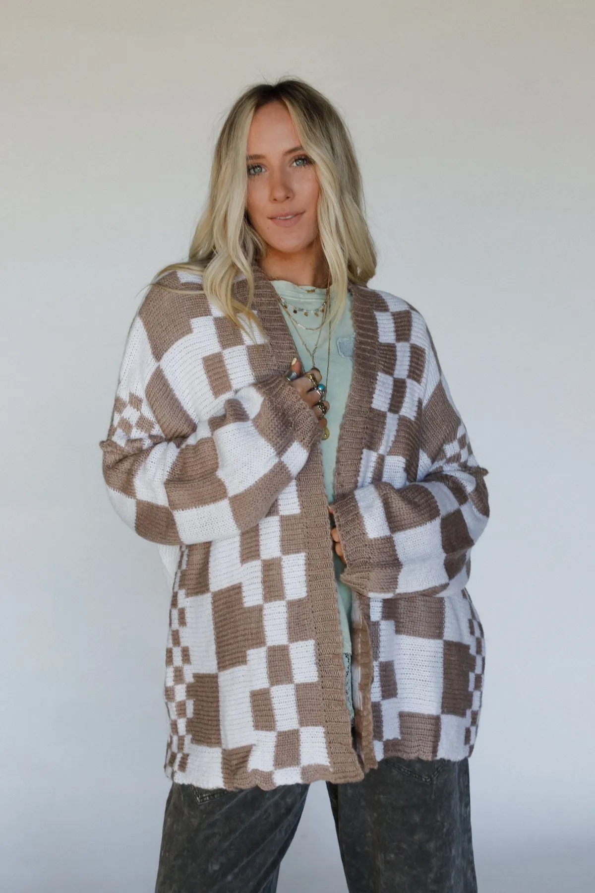 Archer Checkered Cardigan - Mocha