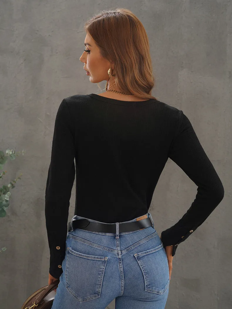 Black Ribbed Long Sleeve Tight Tops