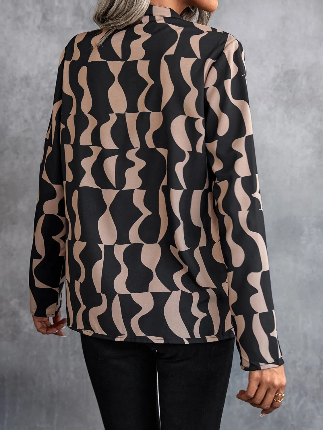 Brown and Black Printed Notched Long Sleeve Blouse New Women's Work Top