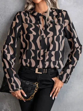 Brown and Black Printed Notched Long Sleeve Blouse New Women's Work Top