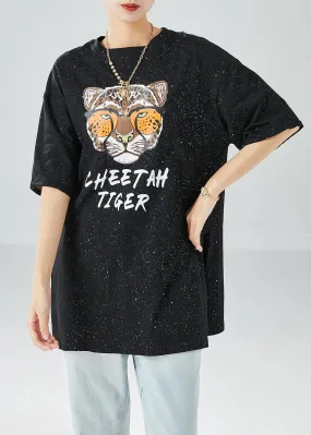 Chic Black Oversized Tiger Print Side Open Cotton Tank Tops Summer LY6128