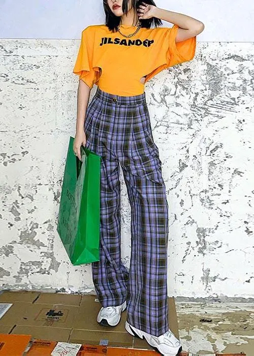 Chic Purple Plaid High Waist Wide Leg Pants Summer