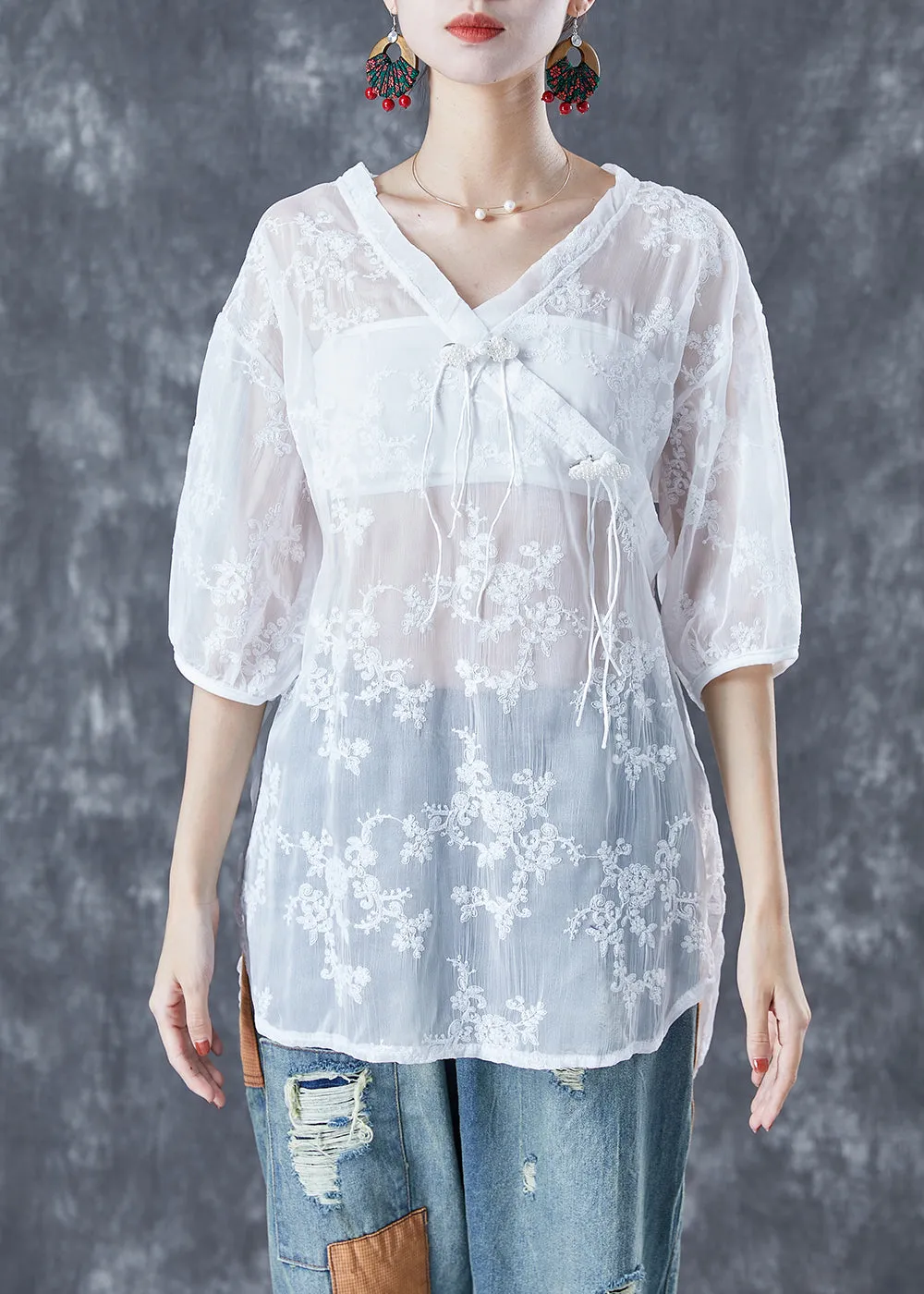 Chic White Embroideried Tassel Tulle Shirt Tops Summer LY5606