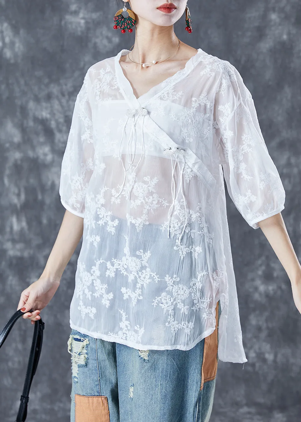 Chic White Embroideried Tassel Tulle Shirt Tops Summer LY5606