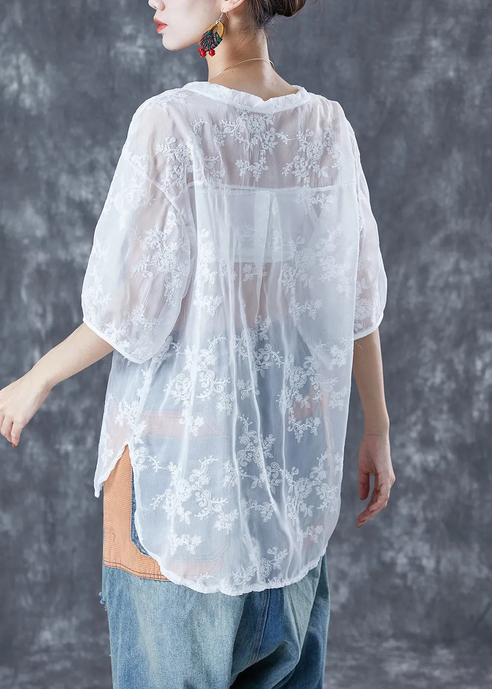 Chic White Embroideried Tassel Tulle Shirt Tops Summer LY5606