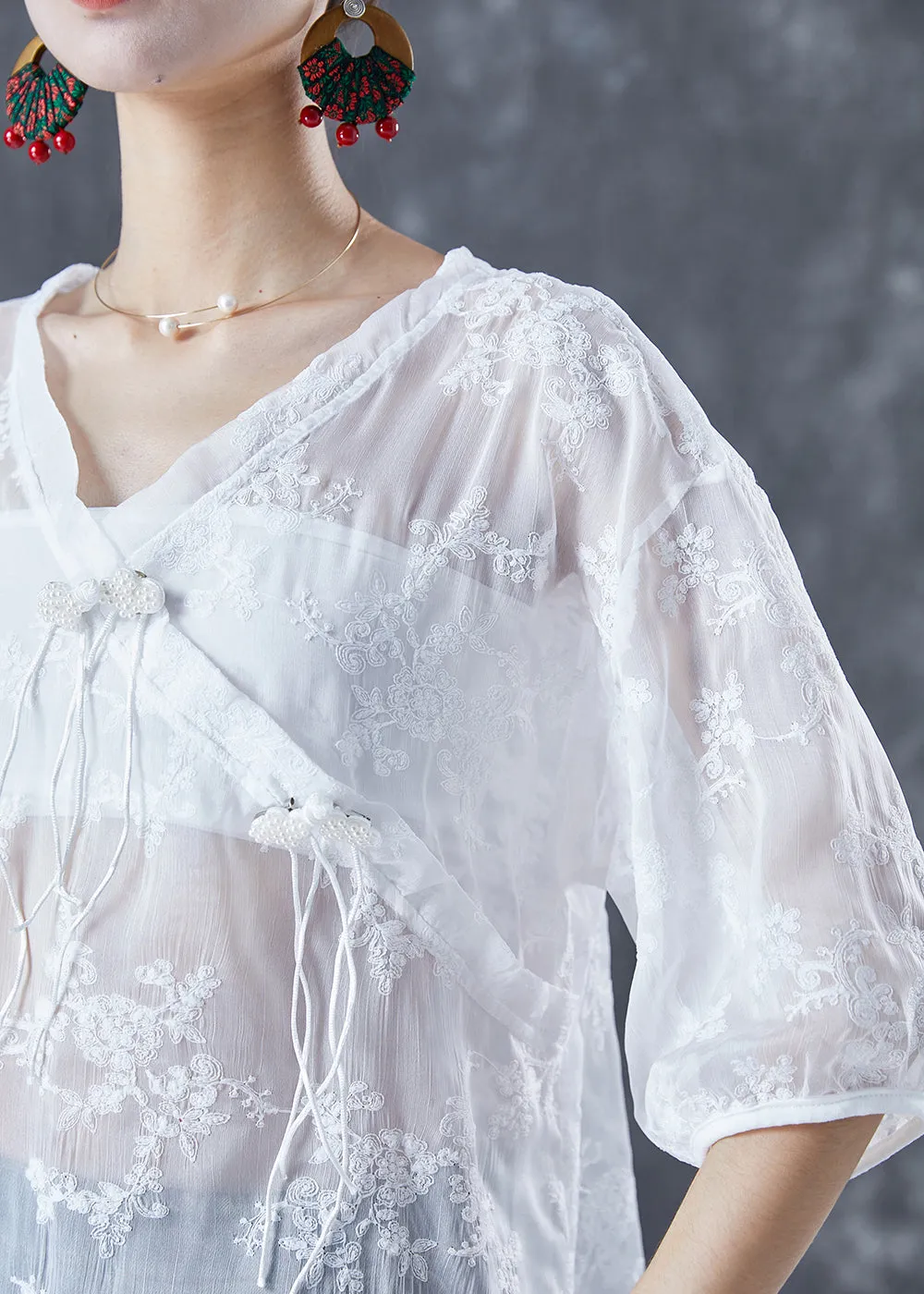 Chic White Embroideried Tassel Tulle Shirt Tops Summer LY5606