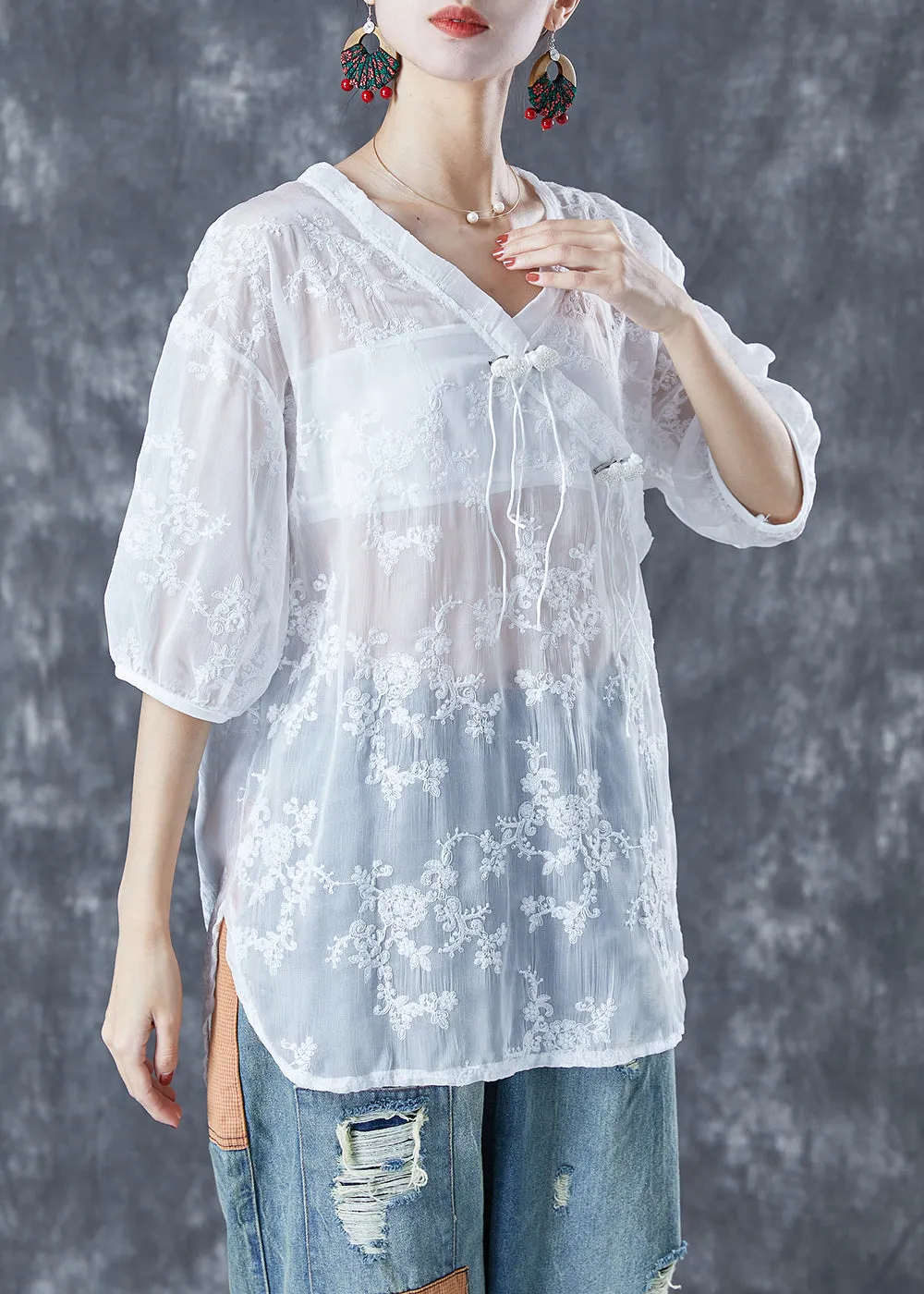 Chic White Embroideried Tassel Tulle Shirt Tops Summer LY5606