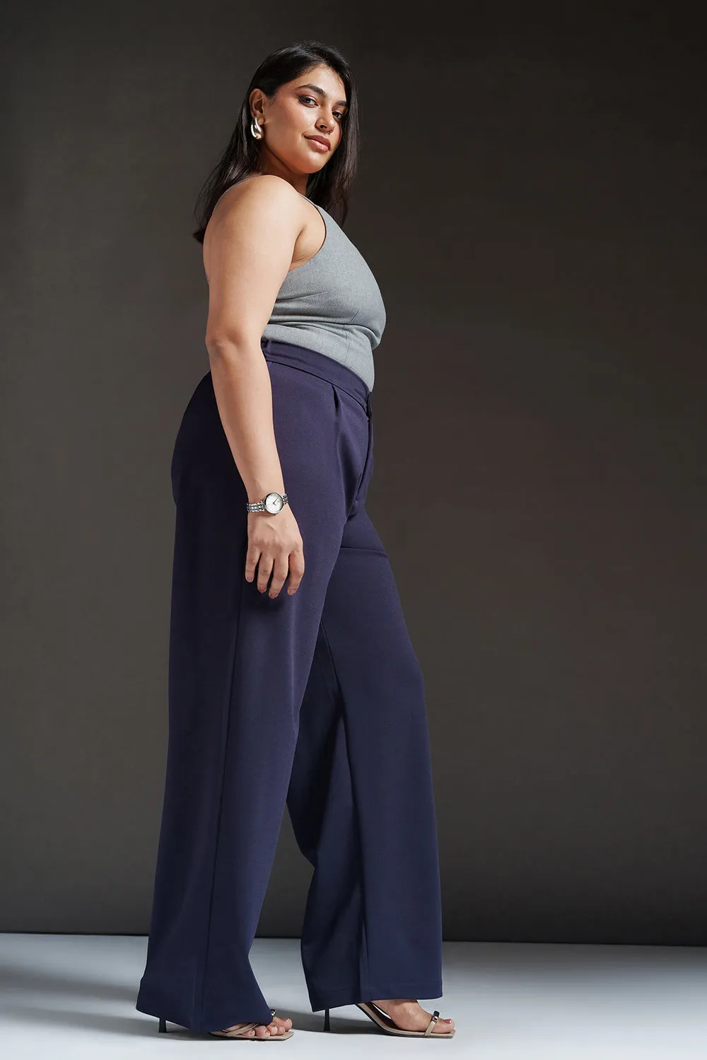 Cosmic Navy Curve Textured Korean Pants