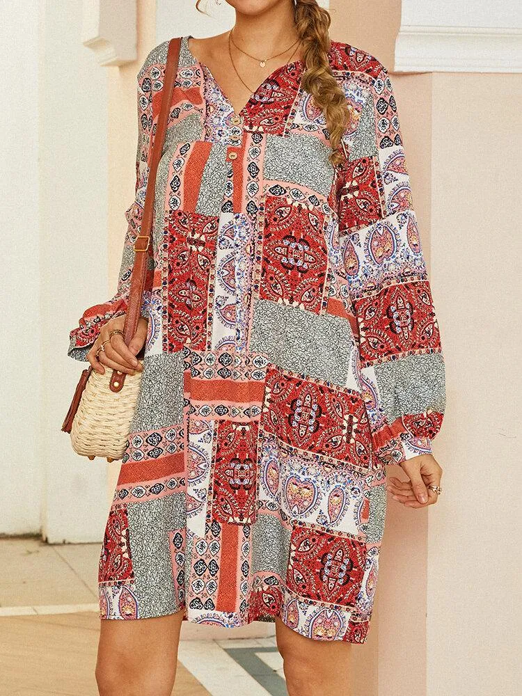 deanwangkt Women Colorblock Ethnic Style Print Puff Sleeve V-Neck Bohemian Midi Dress