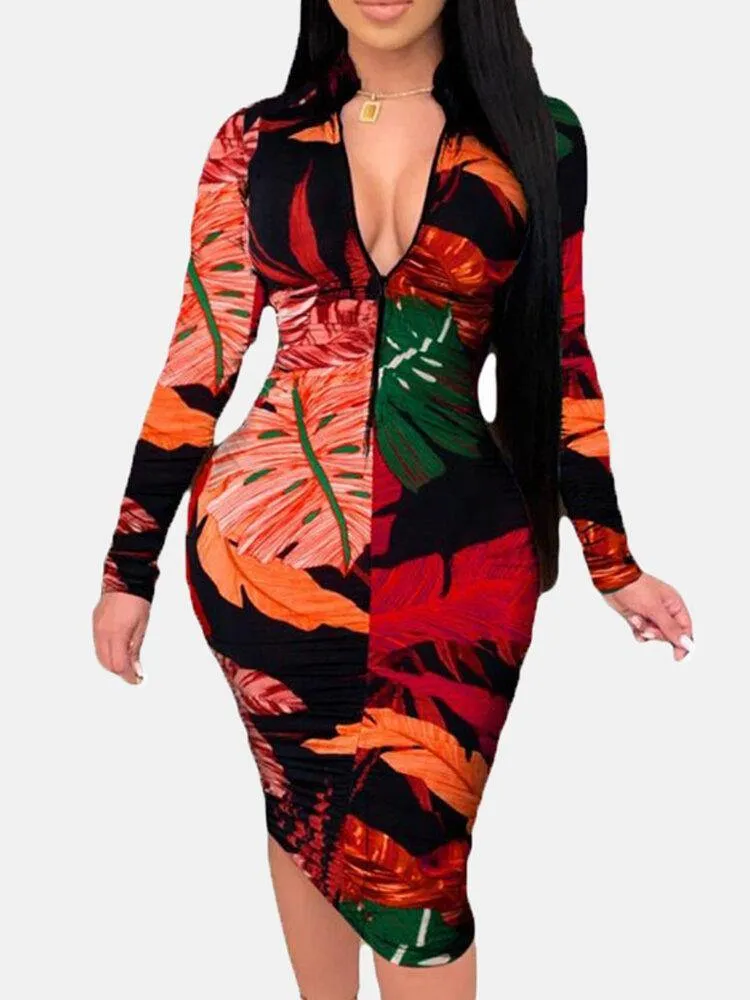 deanwangkt Women Plant Leaves Print Long Sleeve Zipper Elegant Midi Dress