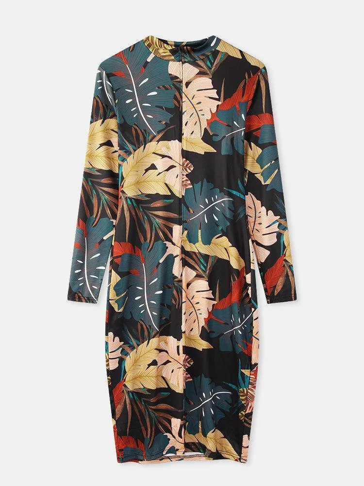 deanwangkt Women Plant Leaves Print Long Sleeve Zipper Elegant Midi Dress