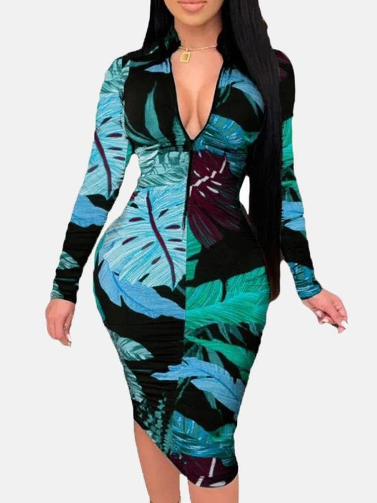 deanwangkt Women Plant Leaves Print Long Sleeve Zipper Elegant Midi Dress