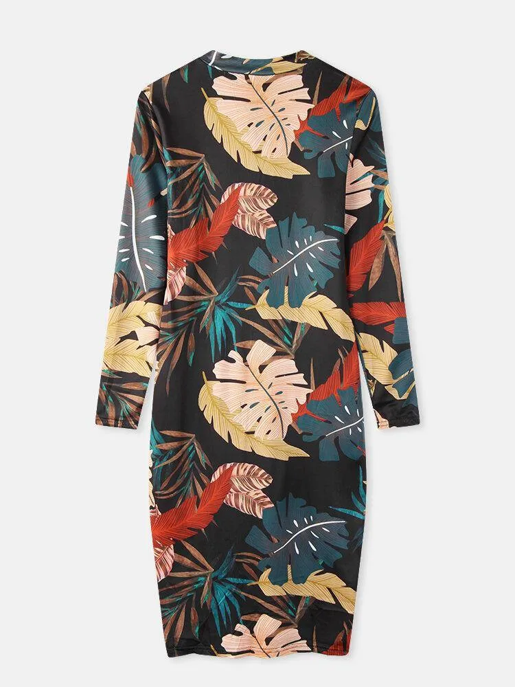 deanwangkt Women Plant Leaves Print Long Sleeve Zipper Elegant Midi Dress