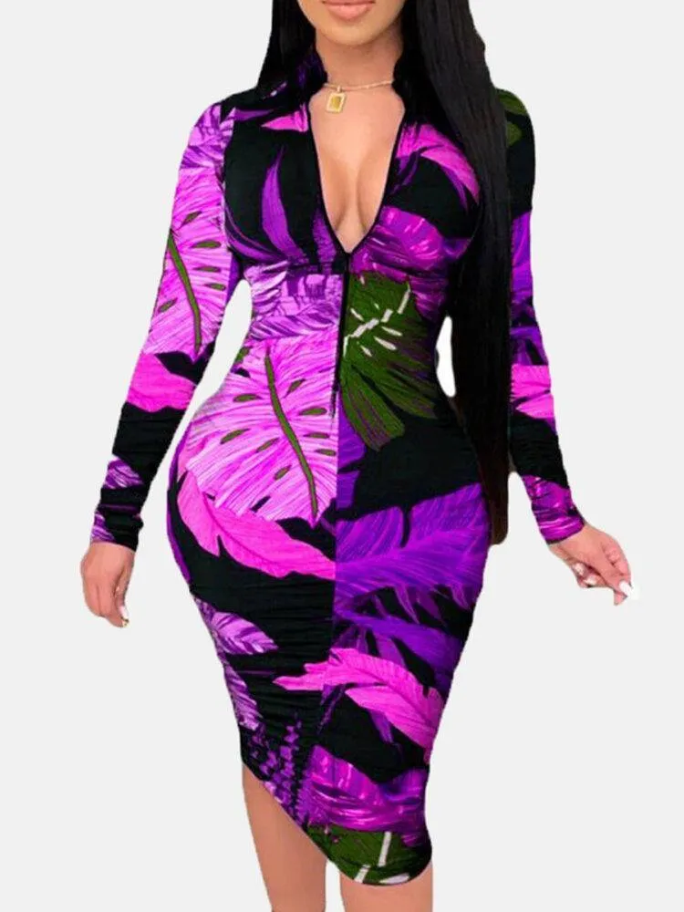 deanwangkt Women Plant Leaves Print Long Sleeve Zipper Elegant Midi Dress