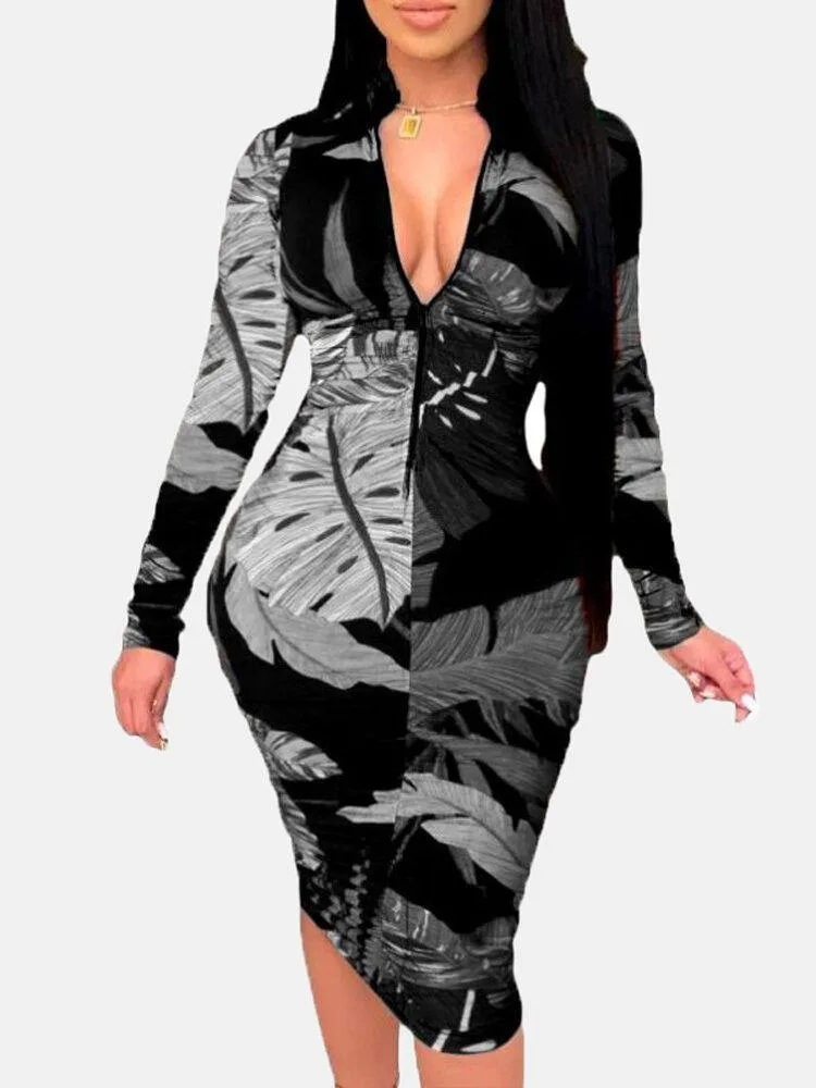 deanwangkt Women Plant Leaves Print Long Sleeve Zipper Elegant Midi Dress