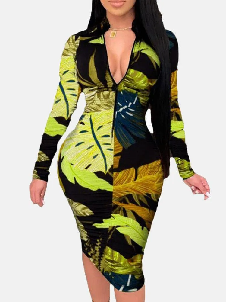 deanwangkt Women Plant Leaves Print Long Sleeve Zipper Elegant Midi Dress