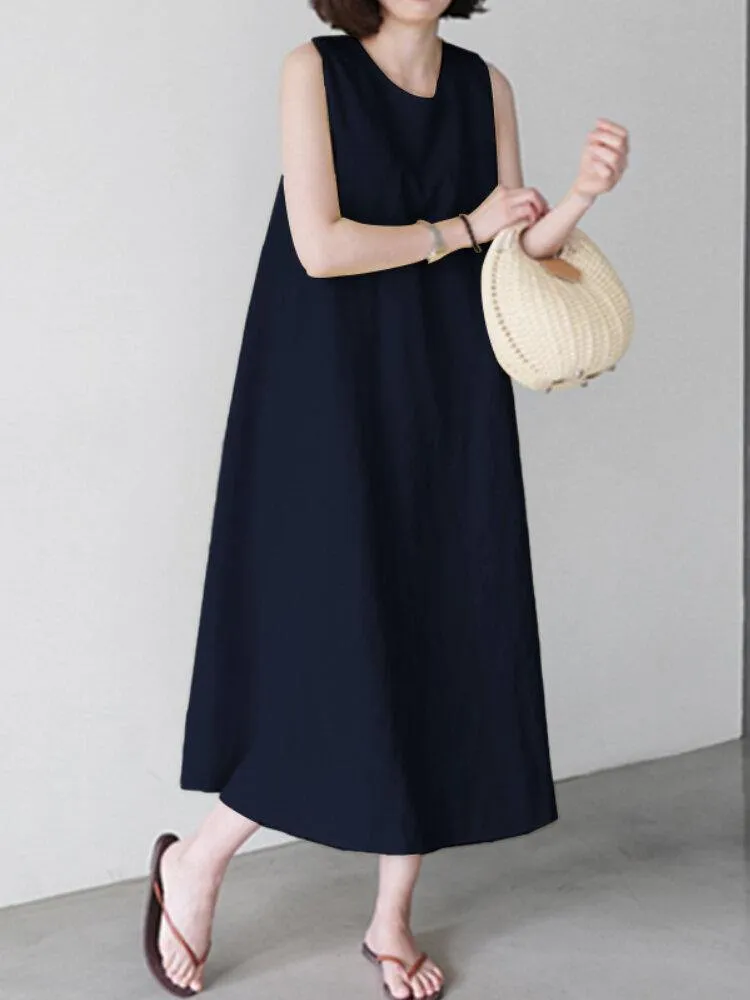 deanwangkt Women Solid Color Sleeveless O-Neck Casual Elegant Dress With Pockets