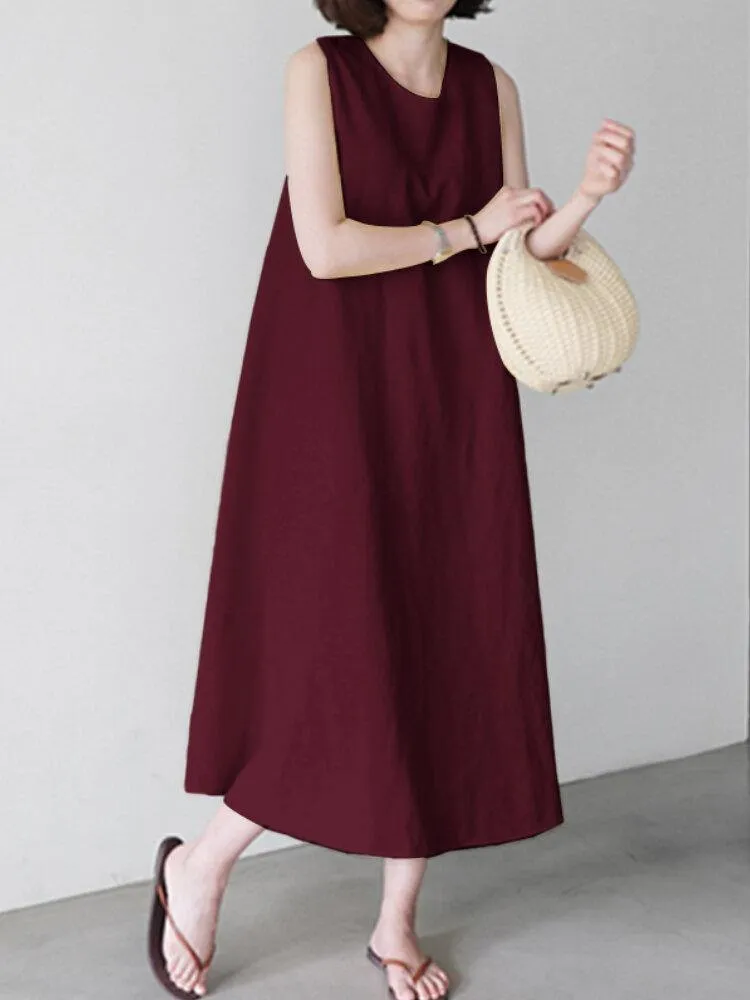 deanwangkt Women Solid Color Sleeveless O-Neck Casual Elegant Dress With Pockets