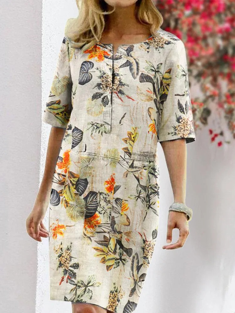 deanwangkt Women Vintage Cotton Floral Plant Print O-neck Half Sleeve Split Casual Dress