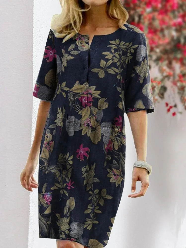 deanwangkt Women Vintage Cotton Floral Plant Print O-neck Half Sleeve Split Casual Dress