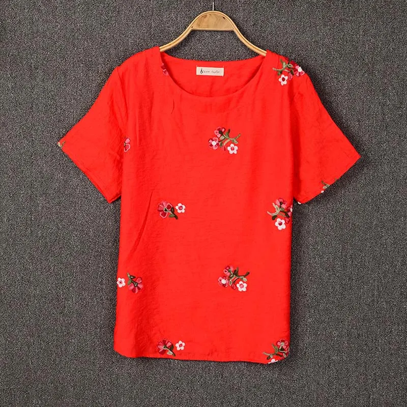 Embroidery Flowers Loose Short Sleeve Shirt