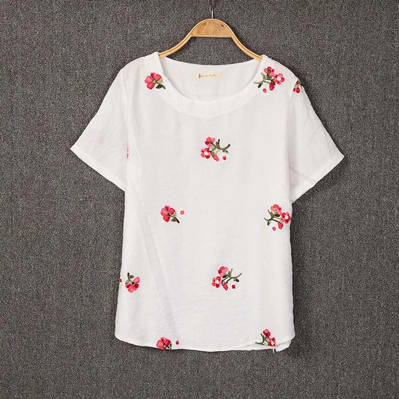 Embroidery Flowers Loose Short Sleeve Shirt