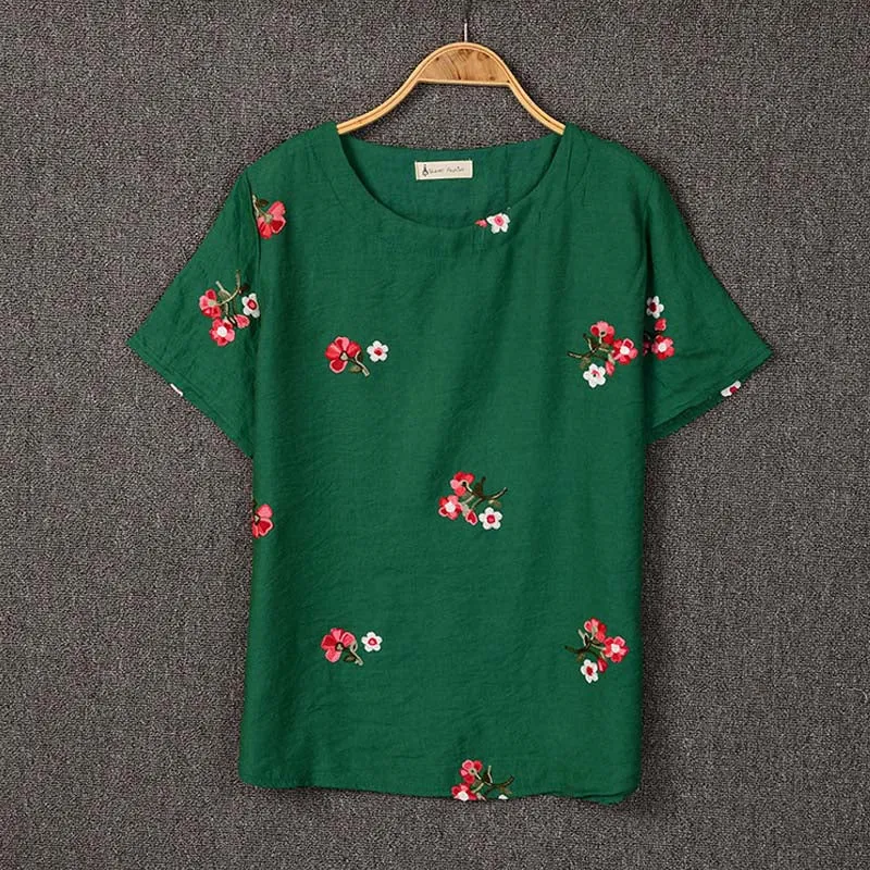 Embroidery Flowers Loose Short Sleeve Shirt