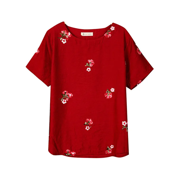 Embroidery Flowers Loose Short Sleeve Shirt