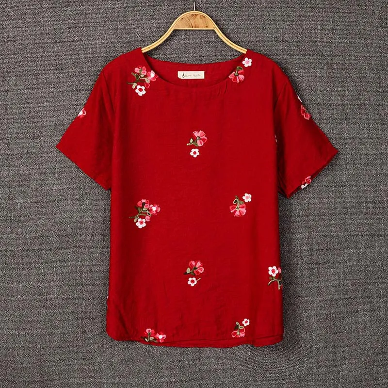 Embroidery Flowers Loose Short Sleeve Shirt