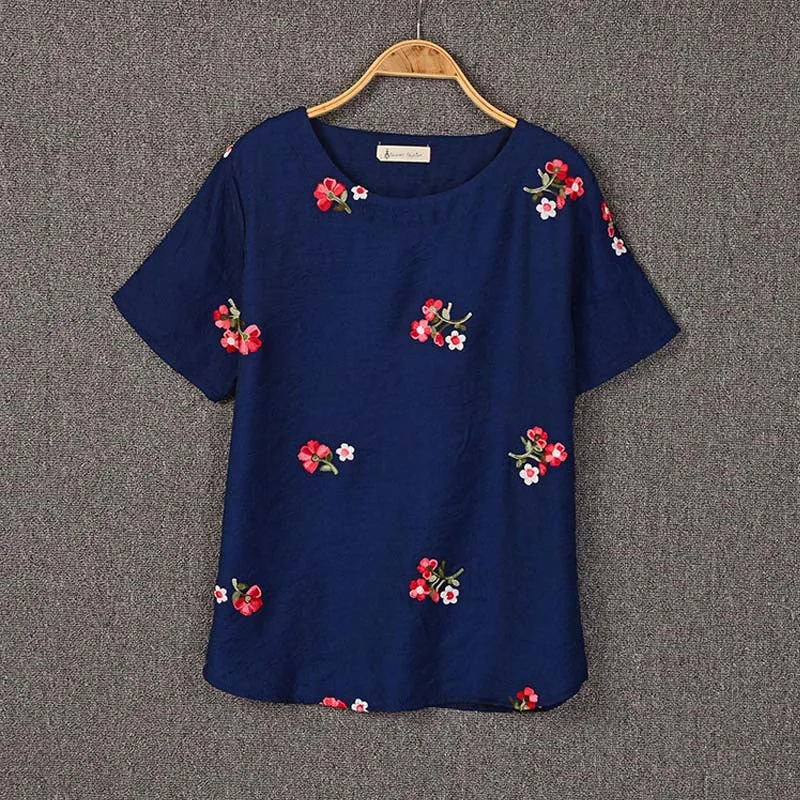 Embroidery Flowers Loose Short Sleeve Shirt