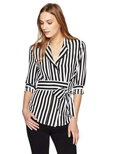 Essentialist Women's Silky Button Down Sash Tie Lapel Shirt Large Black/White Stripe