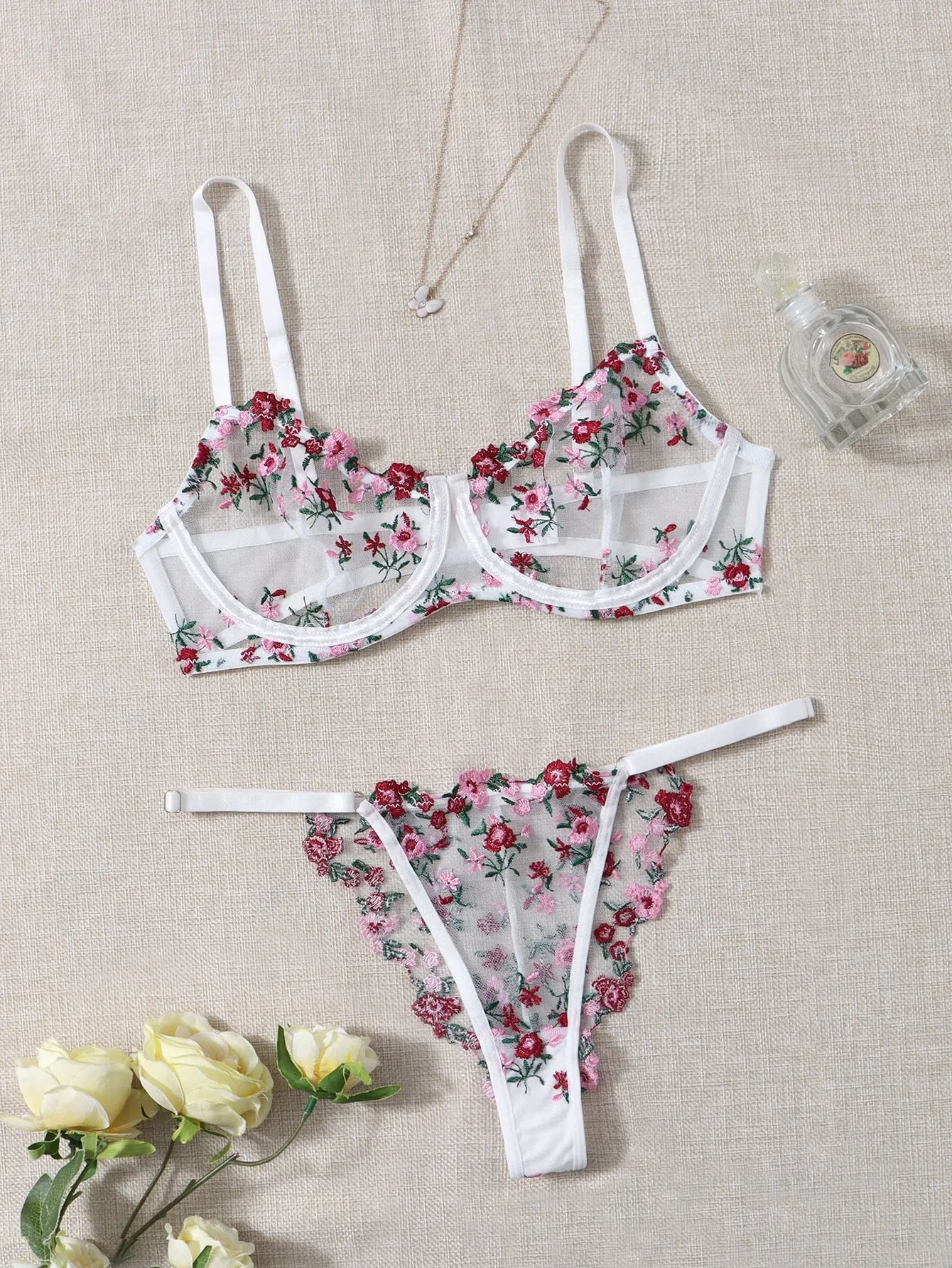 Floral Embroidery Mesh Lingerie Set