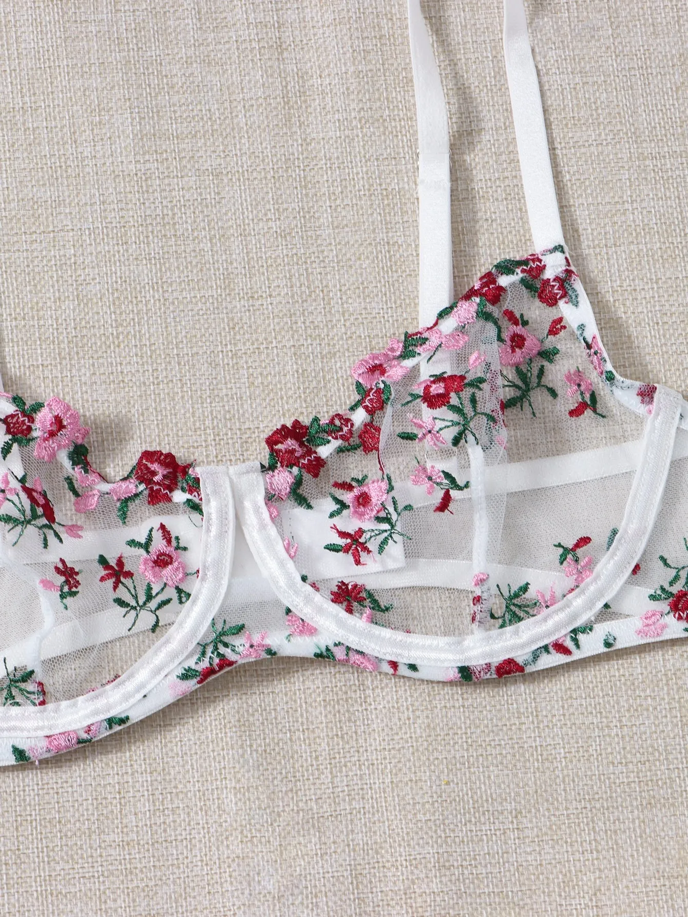 Floral Embroidery Mesh Lingerie Set