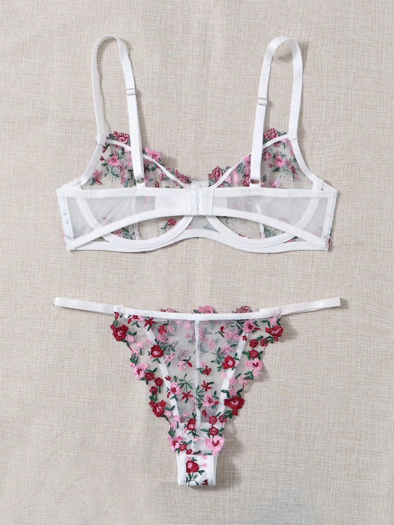 Floral Embroidery Mesh Lingerie Set