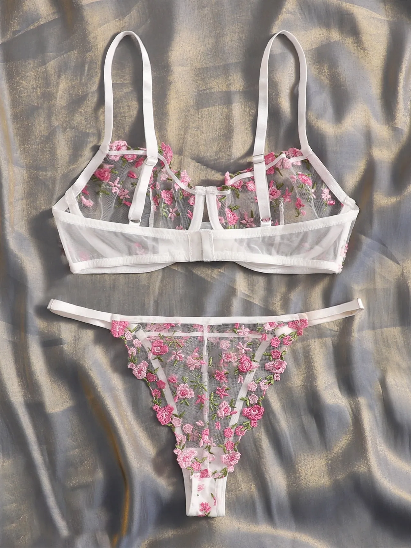 Floral Embroidery Mesh Lingerie Set