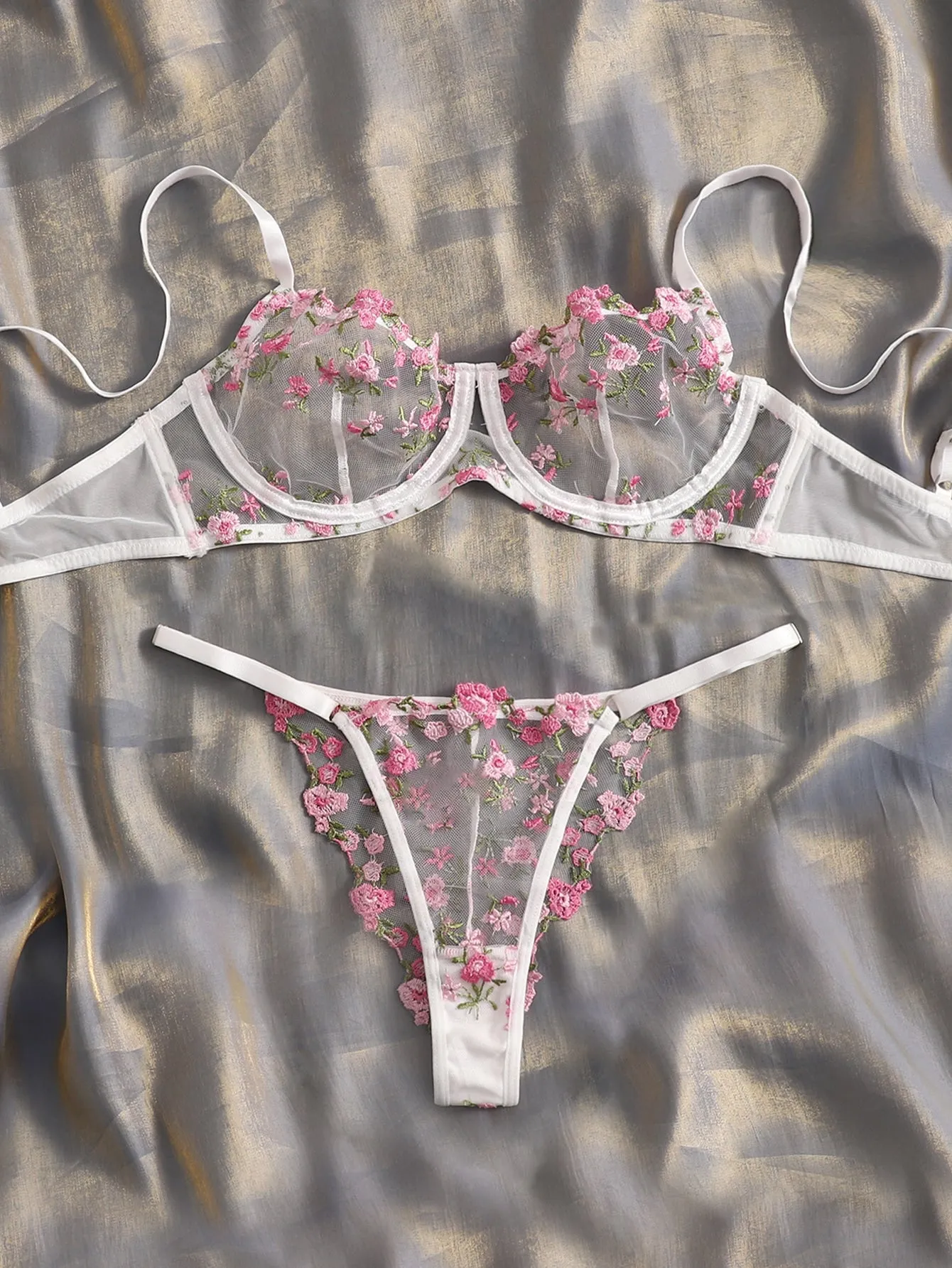 Floral Embroidery Mesh Lingerie Set