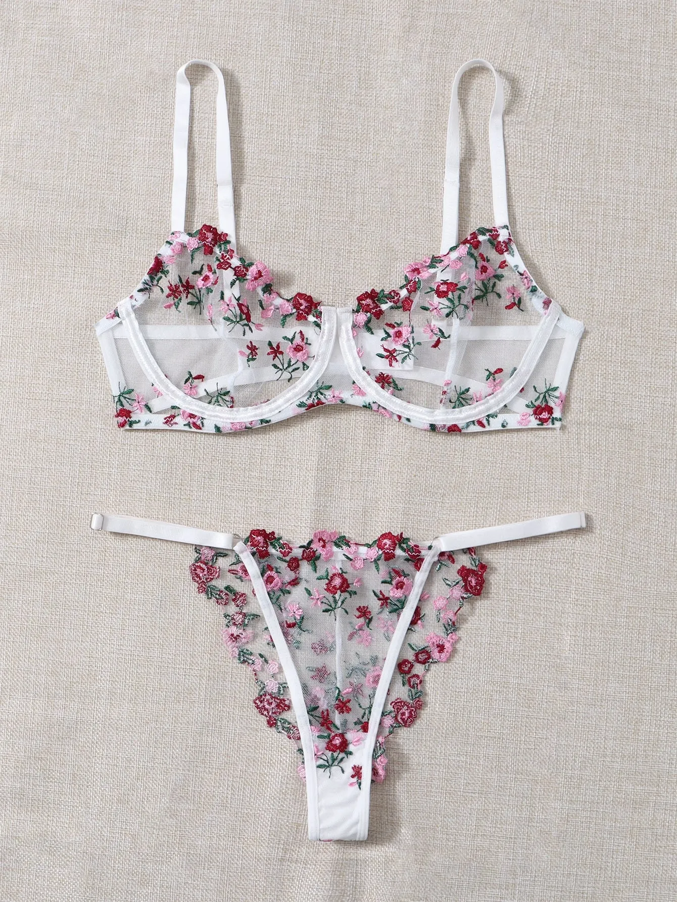 Floral Embroidery Mesh Lingerie Set