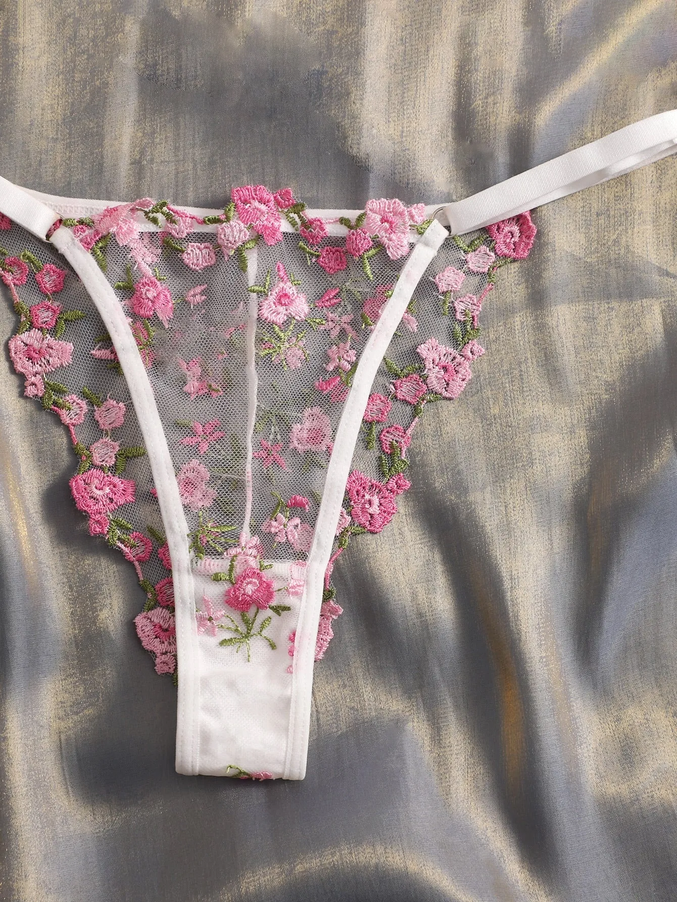 Floral Embroidery Mesh Lingerie Set