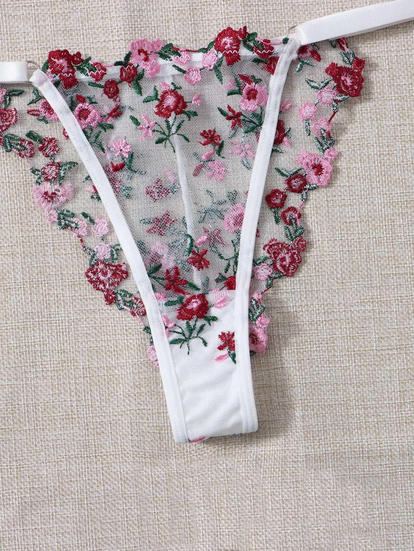 Floral Embroidery Mesh Lingerie Set