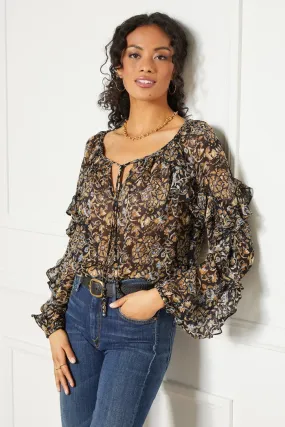 Floral Keyhole Ruffle Sleeve Top