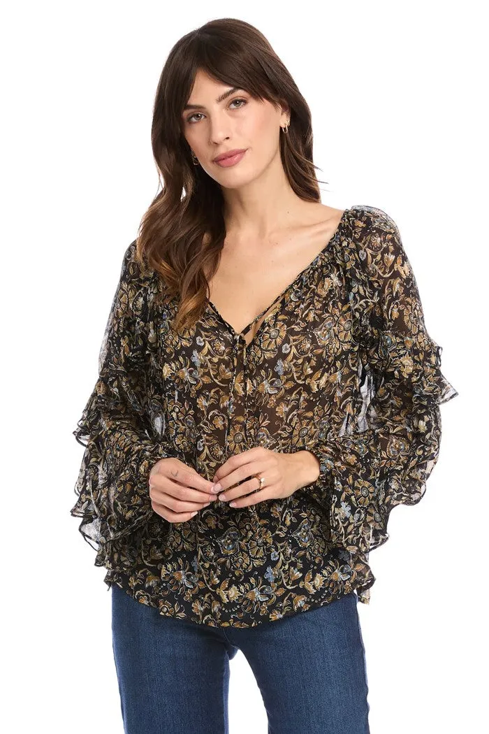 Floral Keyhole Ruffle Sleeve Top