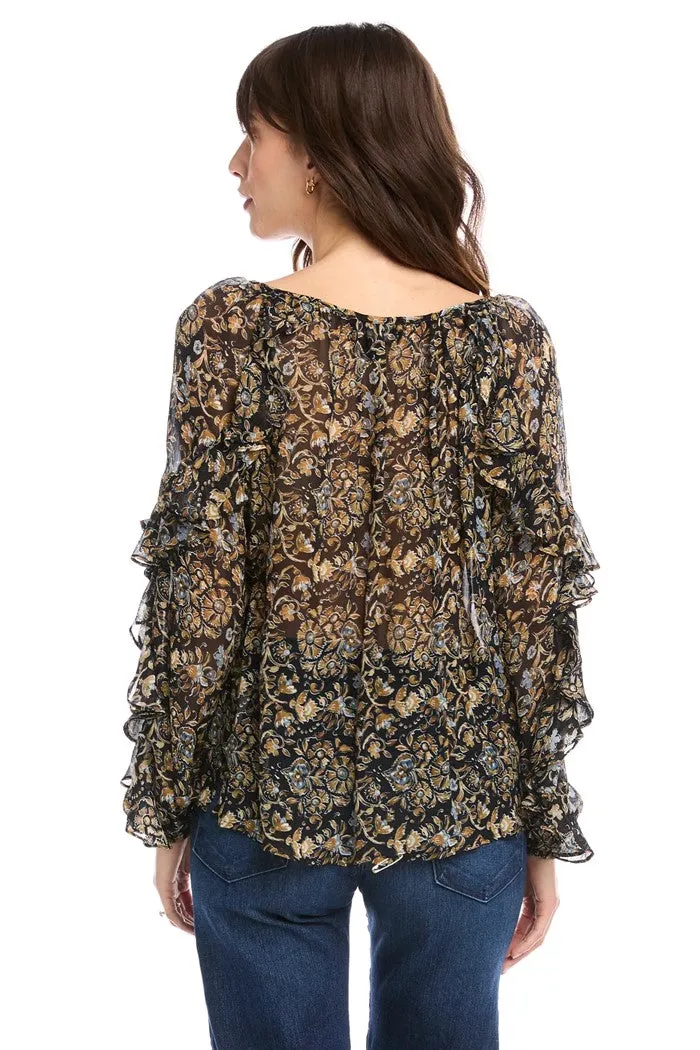 Floral Keyhole Ruffle Sleeve Top