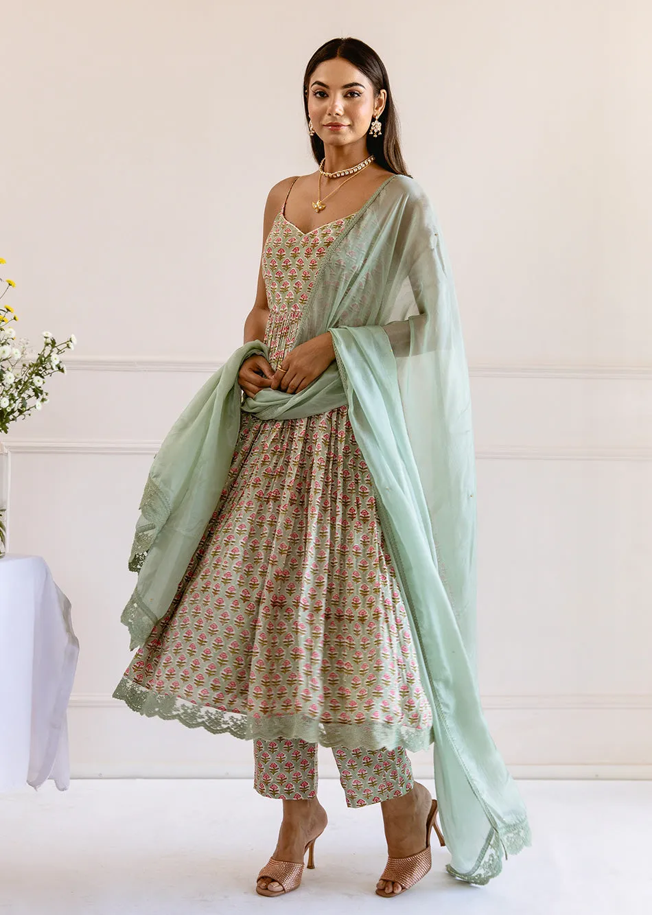 Green Muslin Silk Printed Strappy Anarkali Set