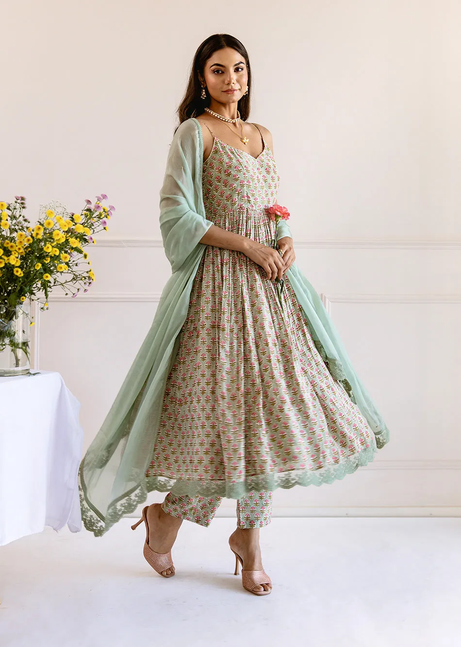 Green Muslin Silk Printed Strappy Anarkali Set