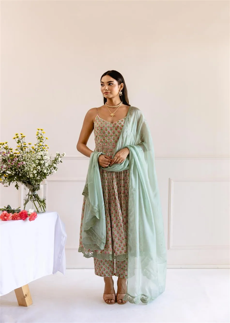 Green Muslin Silk Printed Strappy Anarkali Set