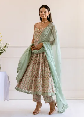 Green Muslin Silk Printed Strappy Anarkali Set