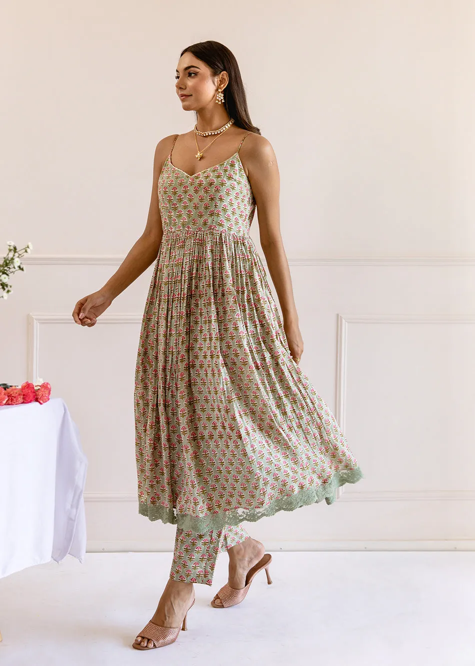 Green Muslin Silk Printed Strappy Anarkali Set