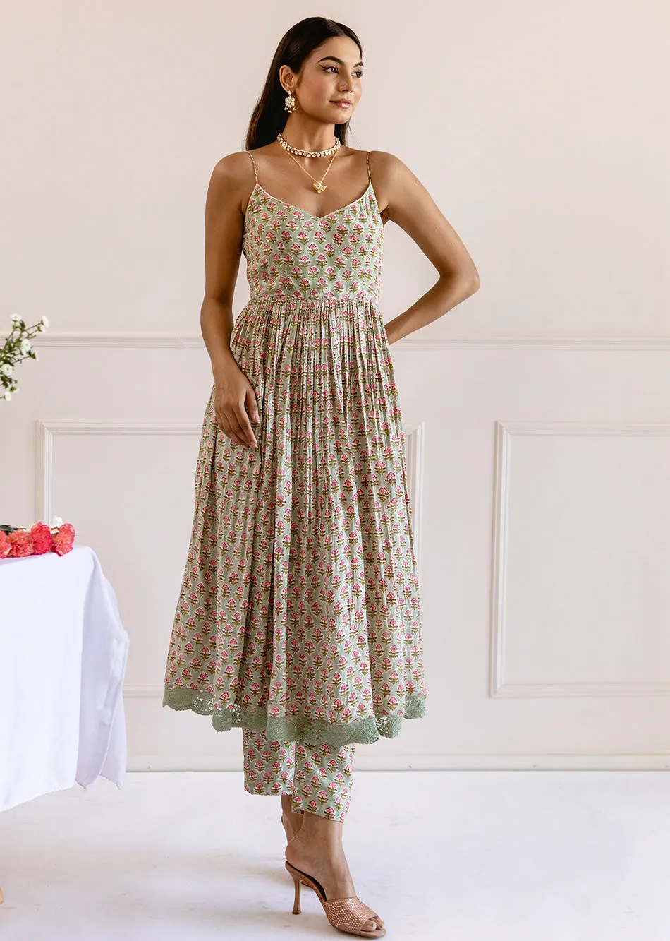 Green Muslin Silk Printed Strappy Anarkali Set