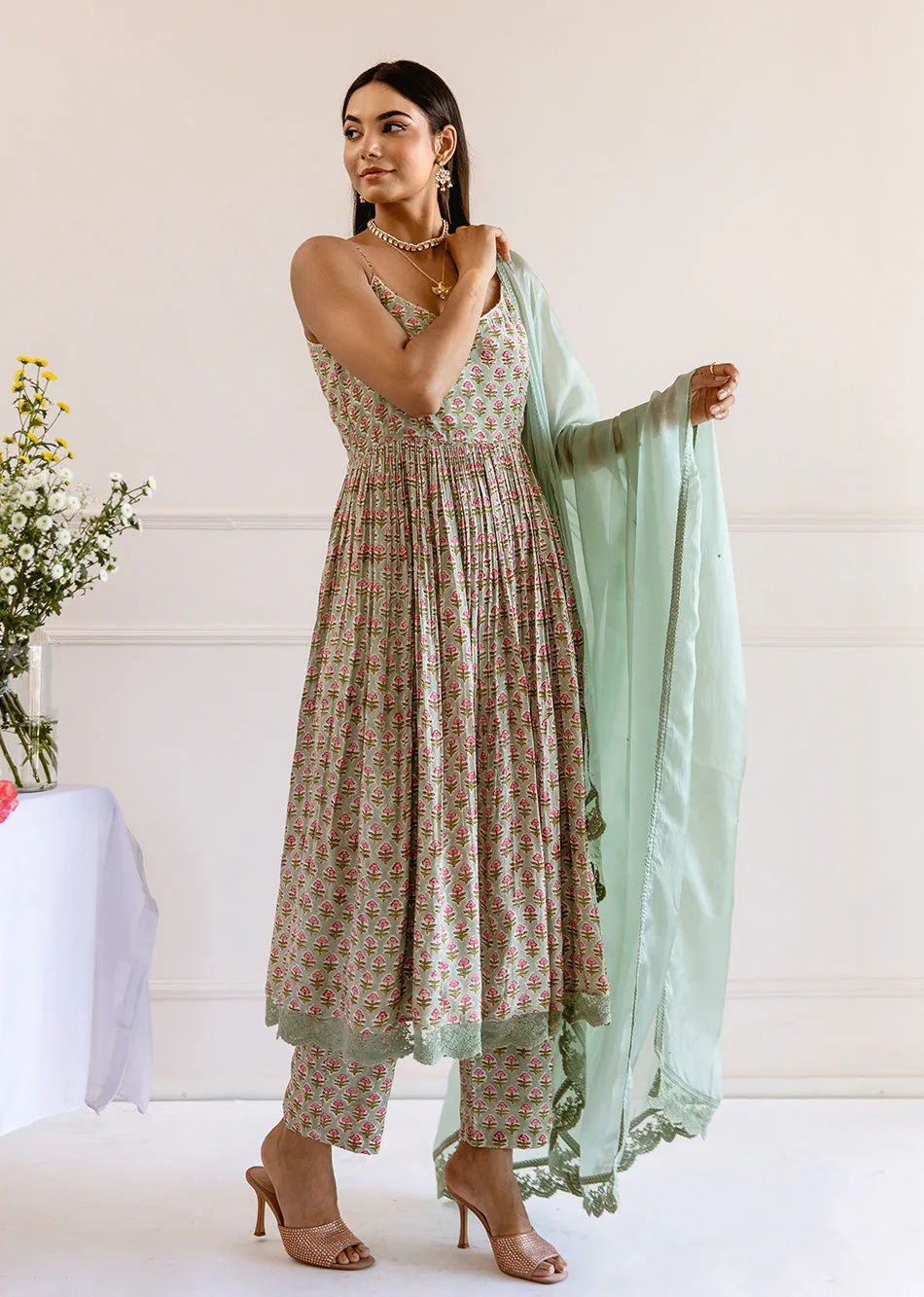 Green Muslin Silk Printed Strappy Anarkali Set