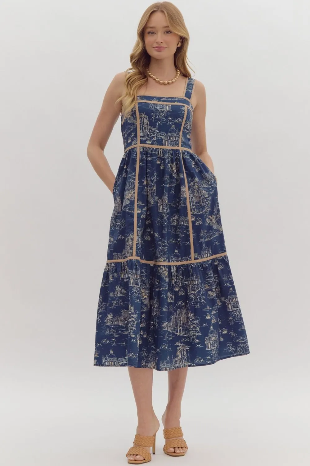 Indigo Toile Print Midi Dress